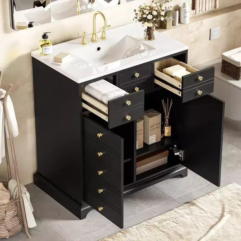 Meuble-lavabo de salle de bain de 30 pouces avec évier, armoire de rangement de salle de bain avec tiroirs et portes à fermeture douce, noir