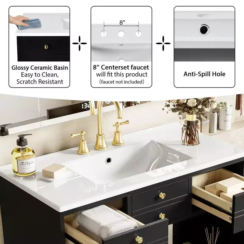 Meuble-lavabo de salle de bain de 30 pouces avec évier, armoire de rangement de salle de bain avec tiroirs et portes à fermeture douce, noir