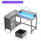Bureau en L avec prises de courant et lumières LED, bureau d'ordinateur avec tiroirs et étagères, bureau d'angle, bureau de jeu, bureau à domicile, Chêne