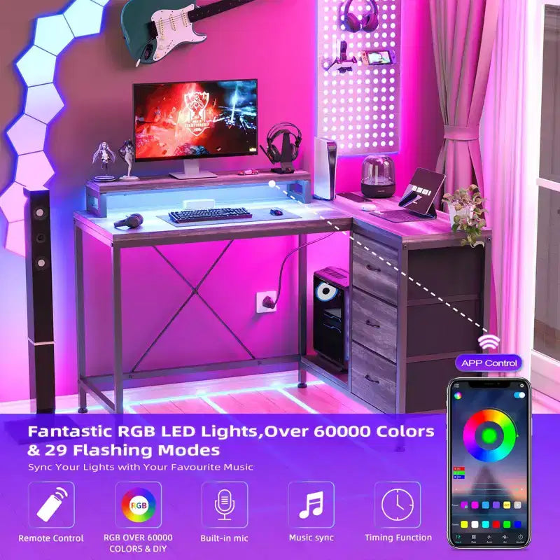 Bureau en L avec prises de courant et lumières LED, bureau d'ordinateur avec tiroirs et étagères, bureau d'angle, bureau de jeu, bureau à domicile, Chêne