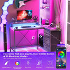 Bureau en L avec prises de courant et lumières LED, bureau d'ordinateur avec tiroirs et étagères, bureau d'angle, bureau de jeu, bureau à domicile, Chêne