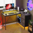 Bureau en L avec prises de courant et lumières LED, bureau d'ordinateur avec tiroirs et étagères, bureau d'angle, bureau de jeu, bureau à domicile, Chêne