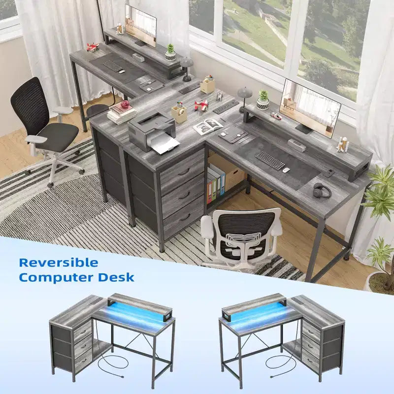 Bureau en L avec prises de courant et lumières LED, bureau d'ordinateur avec tiroirs et étagères, bureau d'angle, bureau de jeu, bureau à domicile, Chêne