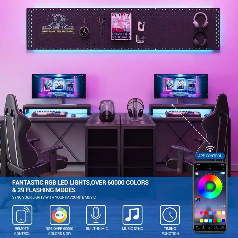 Bureau en L avec prises de courant et lumières LED, bureau d'ordinateur avec tiroirs et étagères, bureau d'angle, bureau de jeu, bureau à domicile, Chêne