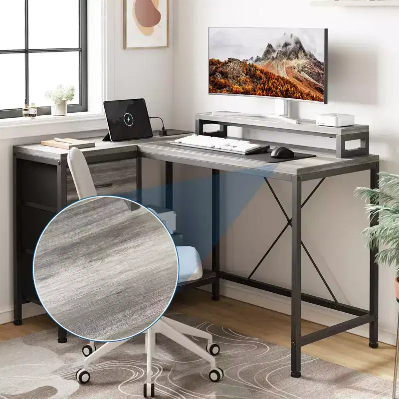 Bureau en L avec prises de courant et lumières LED, bureau d'ordinateur avec tiroirs et étagères, bureau d'angle, bureau de jeu, bureau à domicile, Chêne