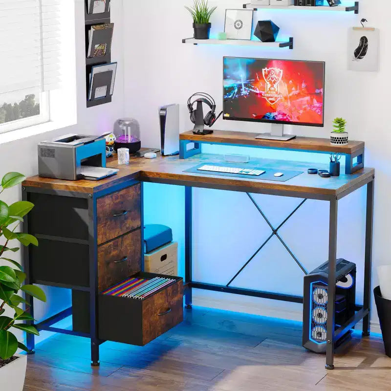Bureau en L avec prises de courant et lumières LED, bureau d'ordinateur avec tiroirs et étagères, bureau d'angle, bureau de jeu, bureau à domicile, Chêne