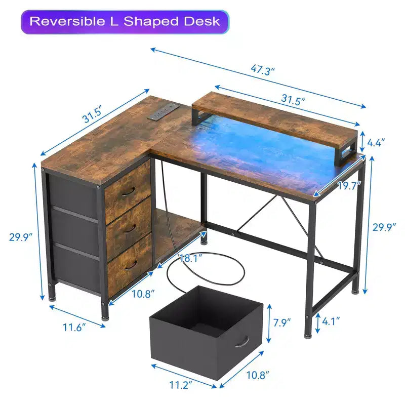 Bureau en L avec prises de courant et lumières LED, bureau d'ordinateur avec tiroirs et étagères, bureau d'angle, bureau de jeu, bureau à domicile, Chêne