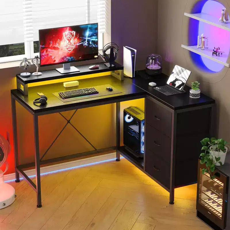 Bureau en L avec prises de courant et lumières LED, bureau d'ordinateur avec tiroirs et étagères, bureau d'angle, bureau de jeu, bureau à domicile, Chêne