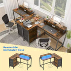 Bureau en L avec prises de courant et lumières LED, bureau d'ordinateur avec tiroirs et étagères, bureau d'angle, bureau de jeu, bureau à domicile, Chêne