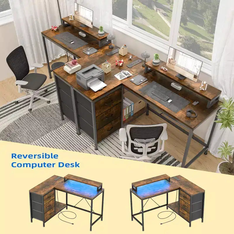 Bureau en L avec prises de courant et lumières LED, bureau d'ordinateur avec tiroirs et étagères, bureau d'angle, bureau de jeu, bureau à domicile, Chêne