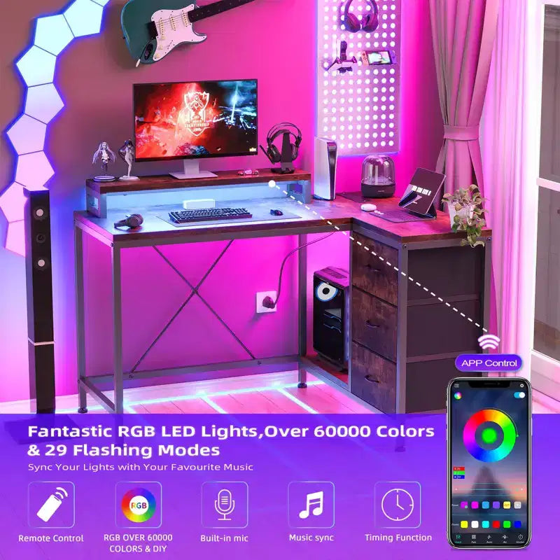 Bureau en L avec prises de courant et lumières LED, bureau d'ordinateur avec tiroirs et étagères, bureau d'angle, bureau de jeu, bureau à domicile, Chêne