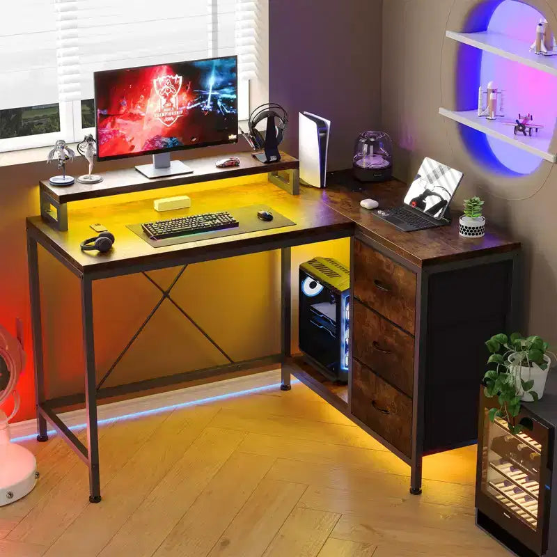 Bureau en L avec prises de courant et lumières LED, bureau d'ordinateur avec tiroirs et étagères, bureau d'angle, bureau de jeu, bureau à domicile, Chêne