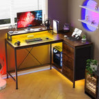 Bureau en L avec prises de courant et lumières LED, bureau d'ordinateur avec tiroirs et étagères, bureau d'angle, bureau de jeu, bureau à domicile, Chêne