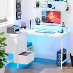 Bureau en L avec prises de courant et lumières LED, bureau d'ordinateur avec tiroirs et étagères, bureau d'angle, bureau de jeu, bureau à domicile, Chêne
