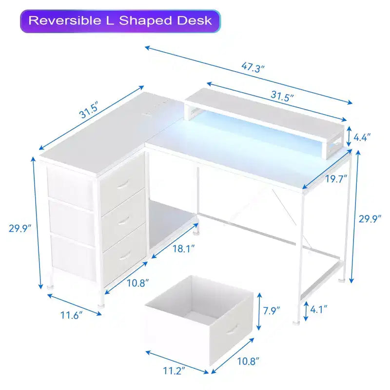 Bureau en L avec prises de courant et lumières LED, bureau d'ordinateur avec tiroirs et étagères, bureau d'angle, bureau de jeu, bureau à domicile, Chêne