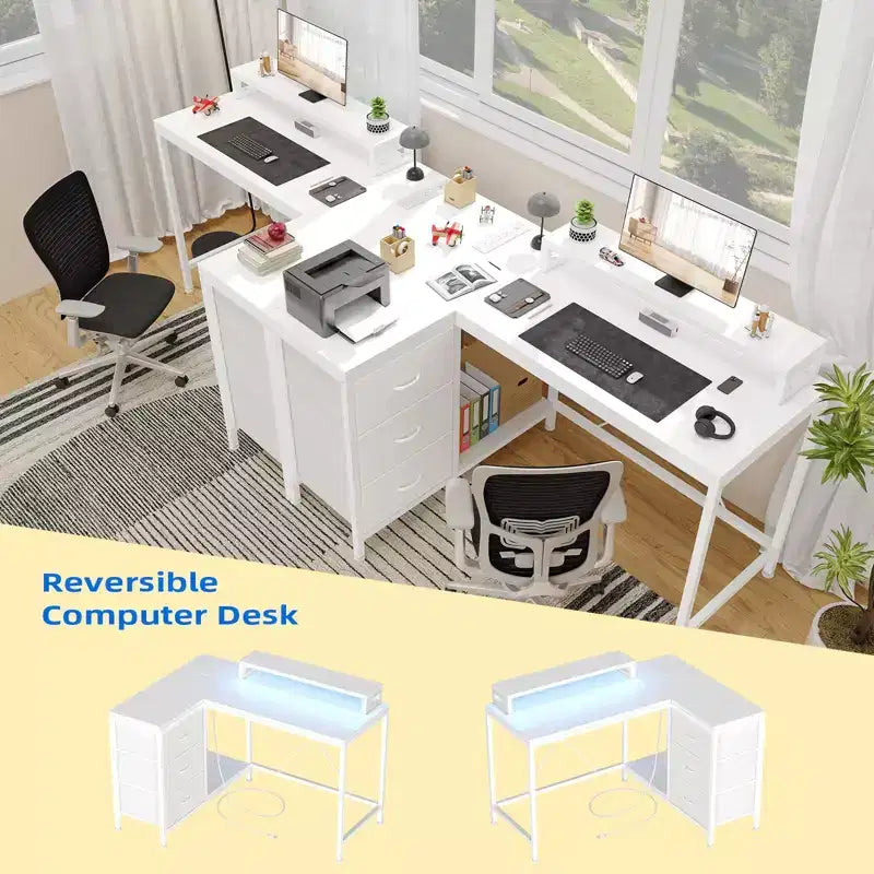 Bureau en L avec prises de courant et lumières LED, bureau d'ordinateur avec tiroirs et étagères, bureau d'angle, bureau de jeu, bureau à domicile, Chêne