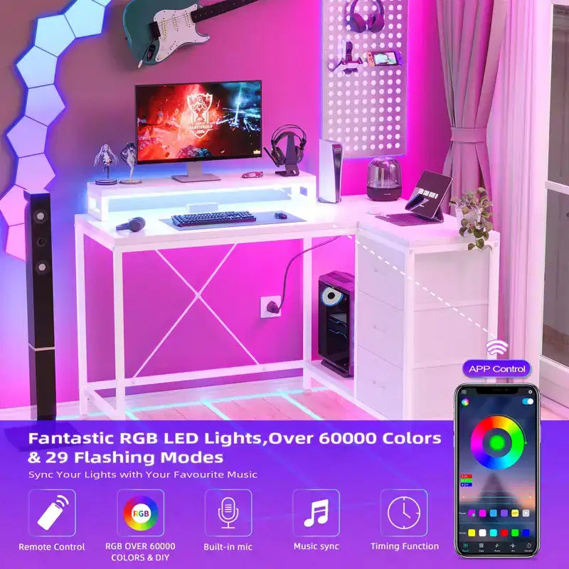 Bureau en L avec prises de courant et lumières LED, bureau d'ordinateur avec tiroirs et étagères, bureau d'angle, bureau de jeu, bureau à domicile, Chêne