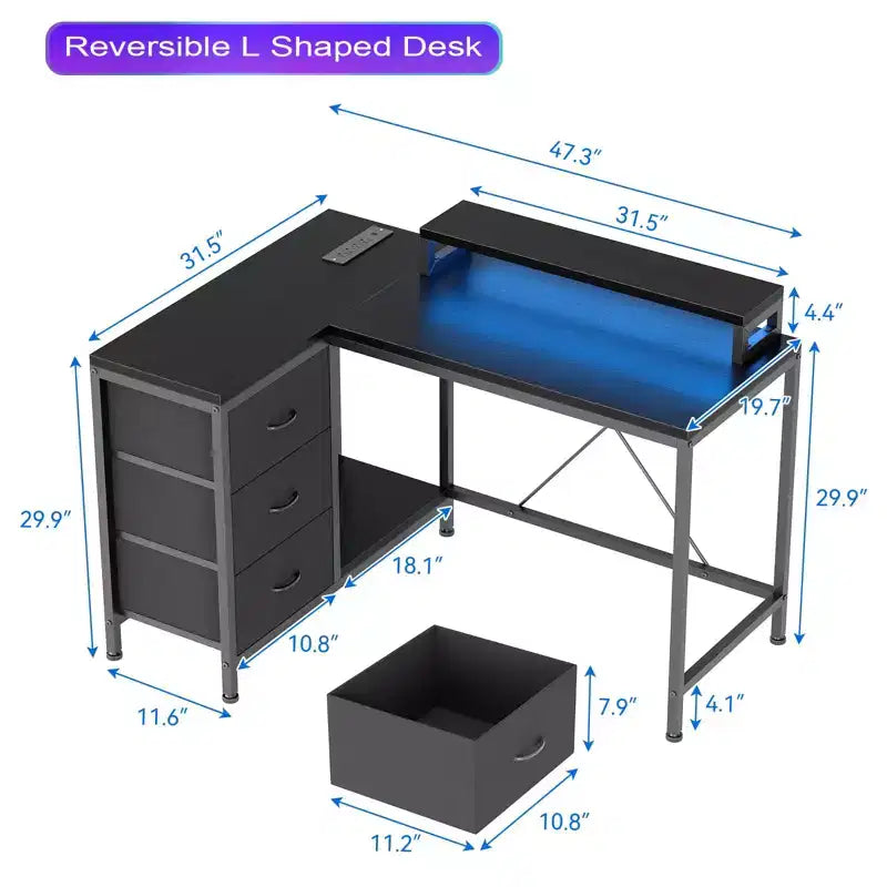 Bureau en L avec prises de courant et lumières LED, bureau d'ordinateur avec tiroirs et étagères, bureau d'angle, bureau de jeu, bureau à domicile, Chêne