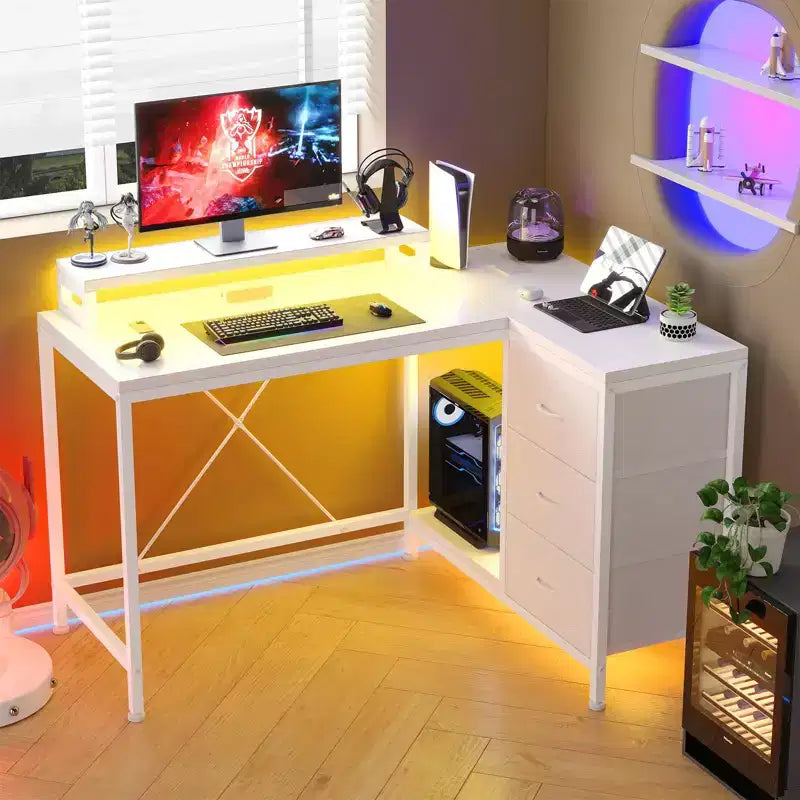 Bureau en L avec prises de courant et lumières LED, bureau d'ordinateur avec tiroirs et étagères, bureau d'angle, bureau de jeu, bureau à domicile, Chêne