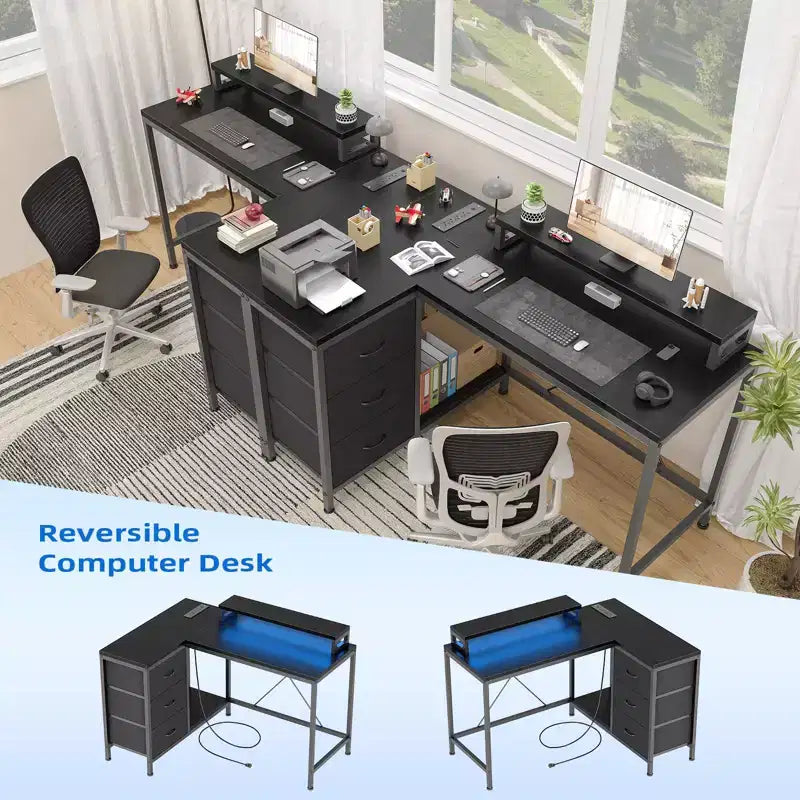 Bureau en L avec prises de courant et lumières LED, bureau d'ordinateur avec tiroirs et étagères, bureau d'angle, bureau de jeu, bureau à domicile, Chêne
