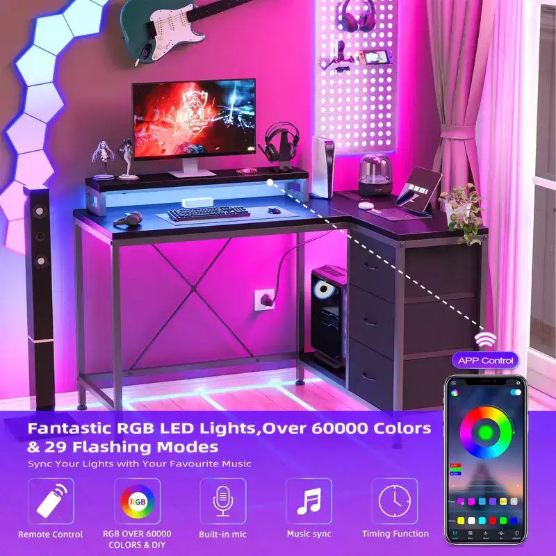 Bureau en L avec prises de courant et lumières LED, bureau d'ordinateur avec tiroirs et étagères, bureau d'angle, bureau de jeu, bureau à domicile, Chêne