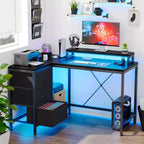 Bureau en L avec prises de courant et lumières LED, bureau d'ordinateur avec tiroirs et étagères, bureau d'angle, bureau de jeu, bureau à domicile, Chêne