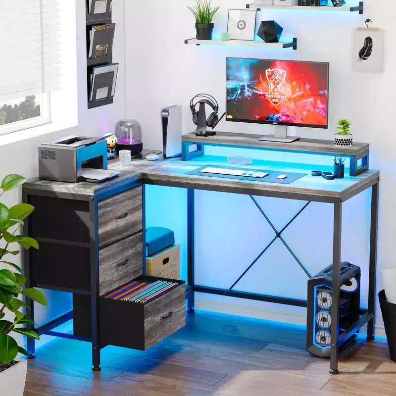 Bureau en L avec prises de courant et lumières LED, bureau d'ordinateur avec tiroirs et étagères, bureau d'angle, bureau de jeu, bureau à domicile, Chêne
