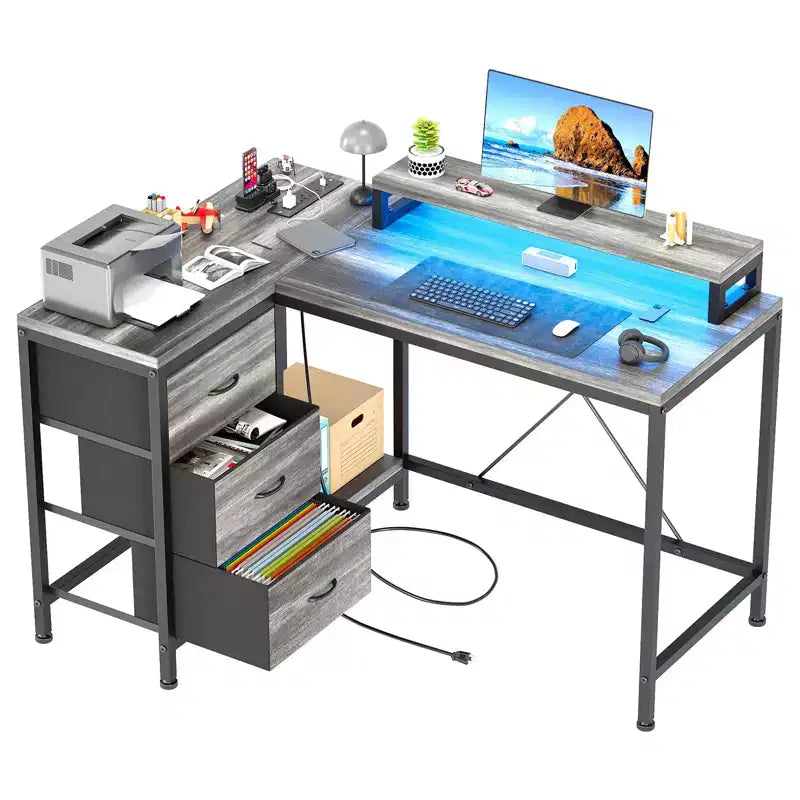 Bureau en L avec prises de courant et lumières LED, bureau d'ordinateur avec tiroirs et étagères, bureau d'angle, bureau de jeu, bureau à domicile, Chêne