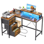 Bureau en L avec prises de courant et lumières LED, bureau d'ordinateur avec tiroirs et étagères, bureau d'angle, bureau de jeu, bureau à domicile, Chêne