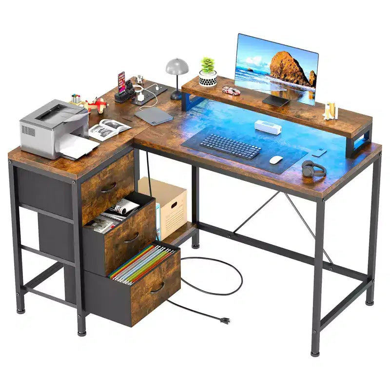 Bureau en L avec prises de courant et lumières LED, bureau d'ordinateur avec tiroirs et étagères, bureau d'angle, bureau de jeu, bureau à domicile, Chêne