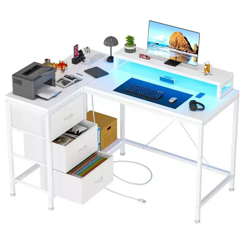 Bureau en L avec prises de courant et lumières LED, bureau d'ordinateur avec tiroirs et étagères, bureau d'angle, bureau de jeu, bureau à domicile, Chêne