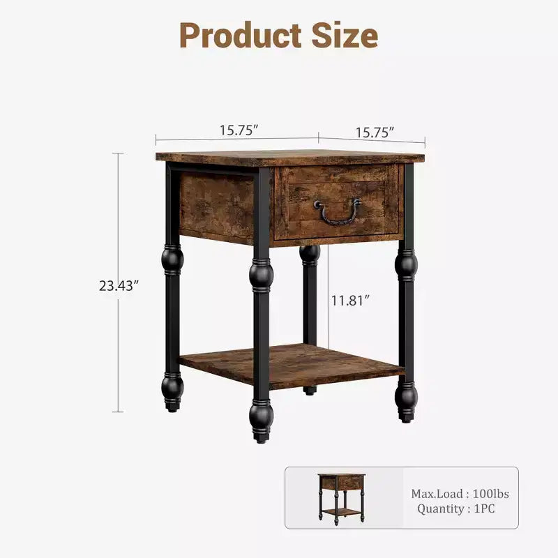 Table d'appoint, Table de chevet industrielle avec tiroir et étagère de rangement, Table de nuit avec cadre en métal et plateau en bois, Console peu encombrante