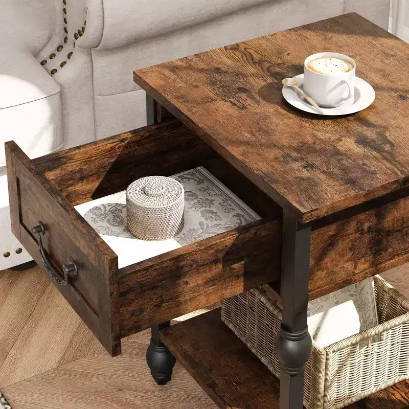 Table d'appoint, Table de chevet industrielle avec tiroir et étagère de rangement, Table de nuit avec cadre en métal et plateau en bois, Console peu encombrante