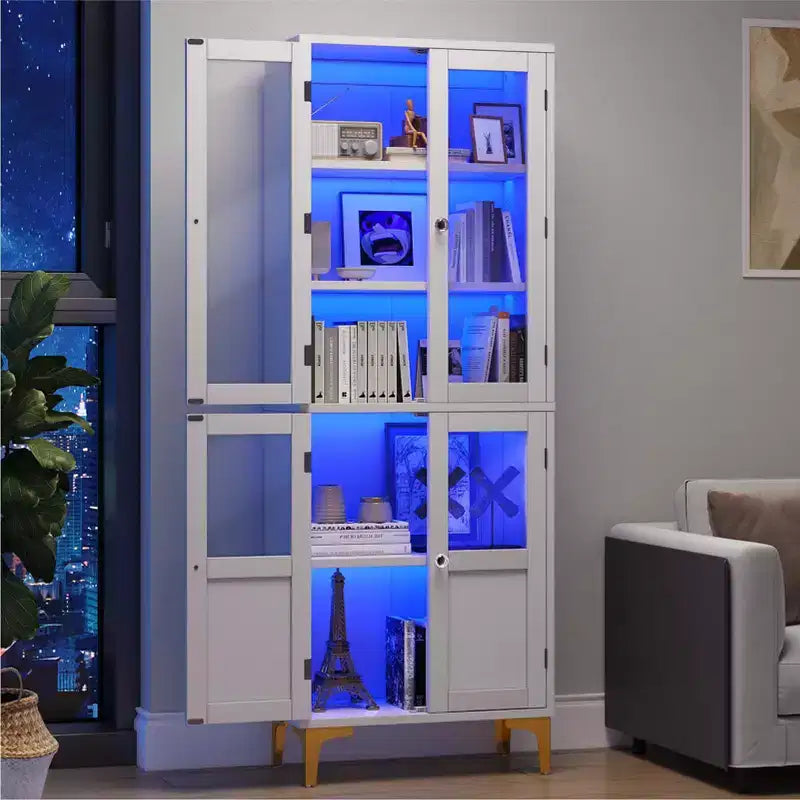Meuble de rangement haut Bestier 65" avec étagères réglables, garde-manger LED avec 4 portes, armoires de rangement de cuisine et de présentation d'œuvres d'art pour salon et chambre