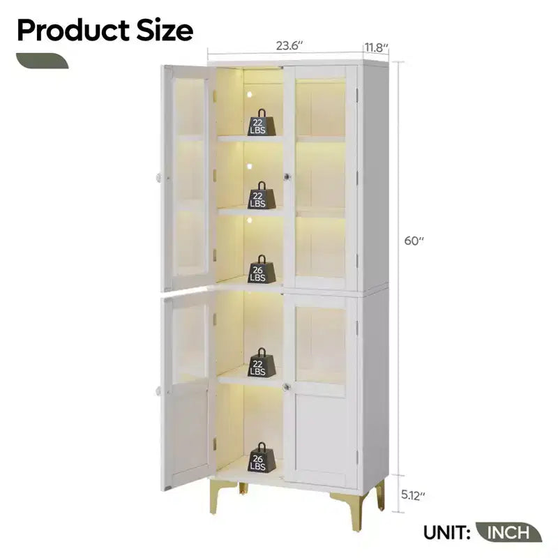 Meuble de rangement haut Bestier 65" avec étagères réglables, garde-manger LED avec 4 portes, armoires de rangement de cuisine et de présentation d'œuvres d'art pour salon et chambre