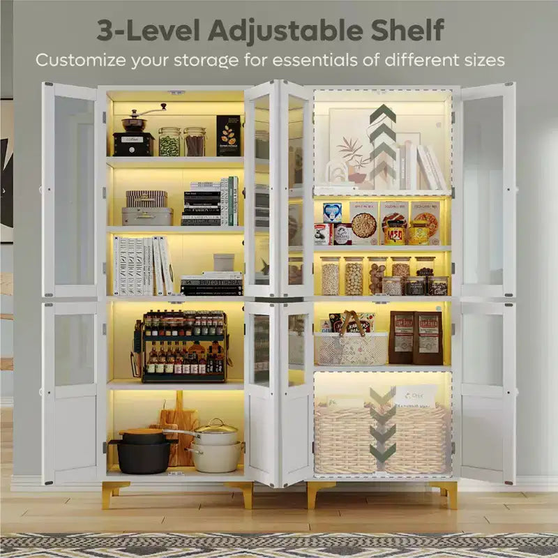 Meuble de rangement haut Bestier 65" avec étagères réglables, garde-manger LED avec 4 portes, armoires de rangement de cuisine et de présentation d'œuvres d'art pour salon et chambre