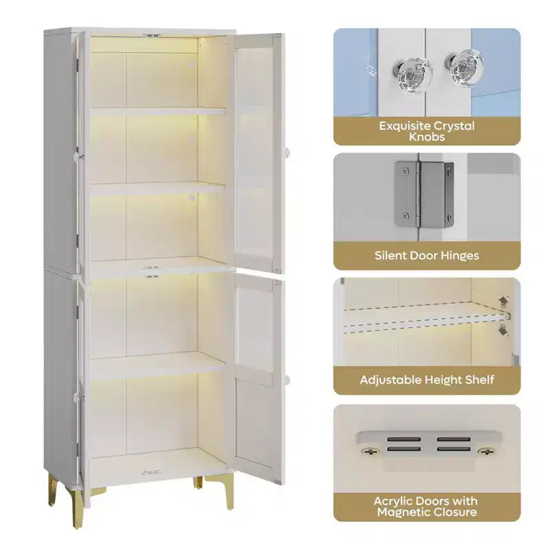 Meuble de rangement haut Bestier 65" avec étagères réglables, garde-manger LED avec 4 portes, armoires de rangement de cuisine et de présentation d'œuvres d'art pour salon et chambre