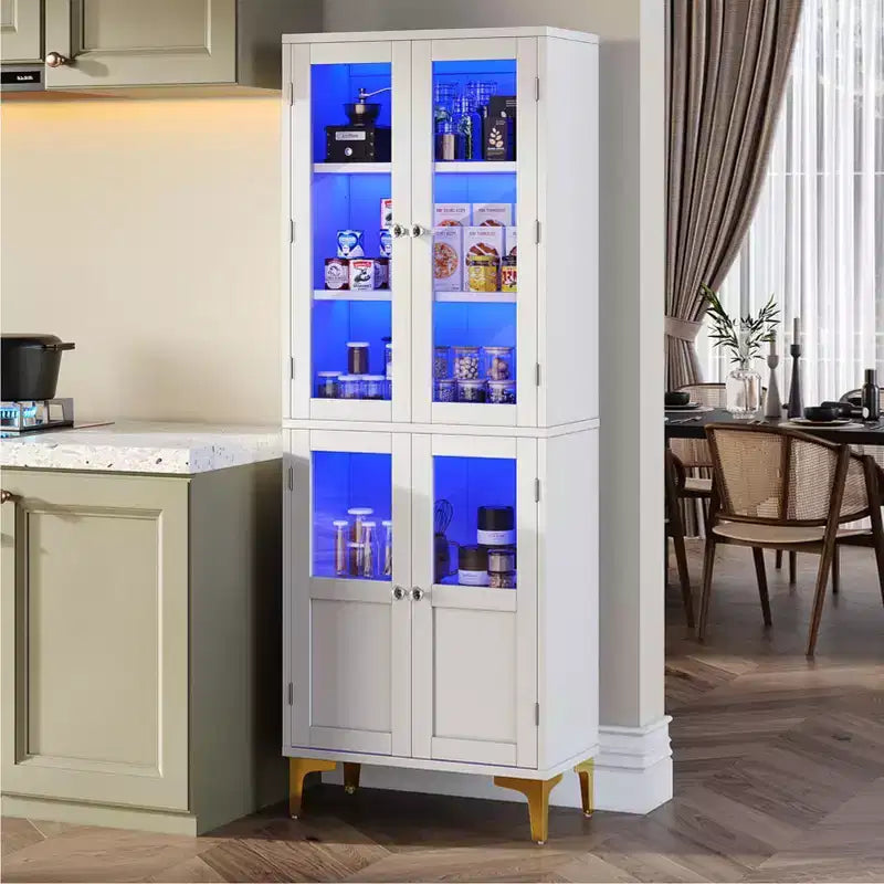 Meuble de rangement haut Bestier 65" avec étagères réglables, garde-manger LED avec 4 portes, armoires de rangement de cuisine et de présentation d'œuvres d'art pour salon et chambre