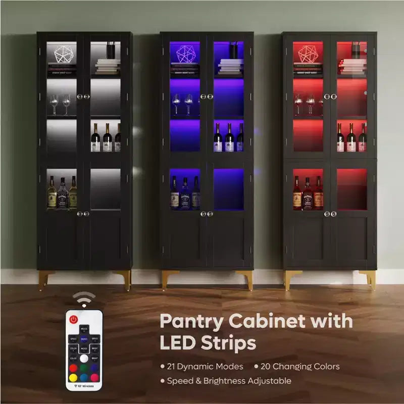 Meuble de rangement haut Bestier 65" avec étagères réglables, garde-manger LED avec 4 portes, armoires de rangement de cuisine et de présentation d'œuvres d'art pour salon et chambre