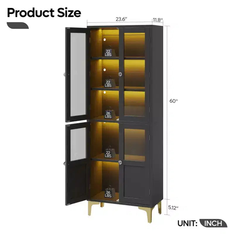 Meuble de rangement haut Bestier 65" avec étagères réglables, garde-manger LED avec 4 portes, armoires de rangement de cuisine et de présentation d'œuvres d'art pour salon et chambre