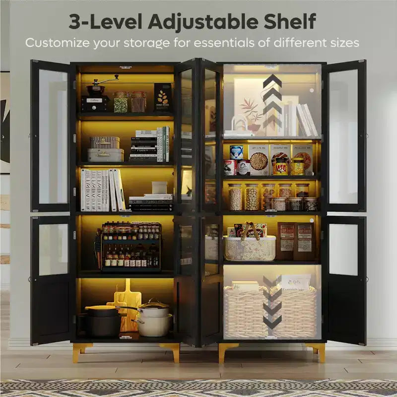 Meuble de rangement haut Bestier 65" avec étagères réglables, garde-manger LED avec 4 portes, armoires de rangement de cuisine et de présentation d'œuvres d'art pour salon et chambre
