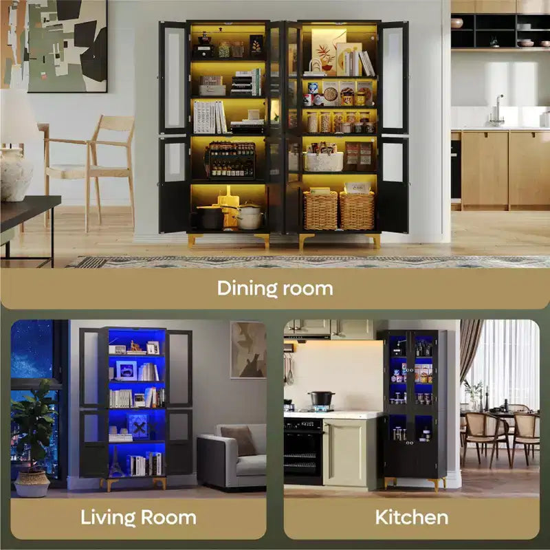 Meuble de rangement haut Bestier 65" avec étagères réglables, garde-manger LED avec 4 portes, armoires de rangement de cuisine et de présentation d'œuvres d'art pour salon et chambre