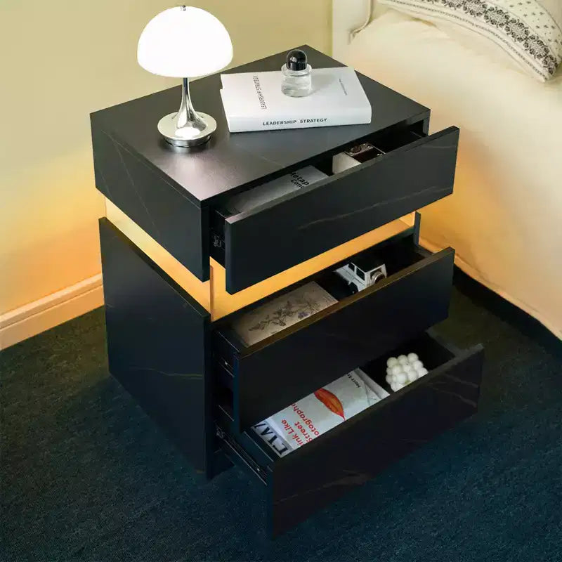 TUYOHW Table de chevet LED moderne avec panneau en acrylique et 3 tiroirs, tables de chevet pour dortoir, salon, chambre à coucher