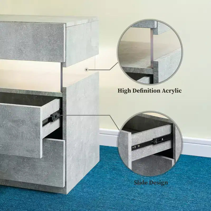 TUYOHW Table de chevet LED moderne avec panneau en acrylique et 3 tiroirs, tables de chevet pour dortoir, salon, chambre à coucher