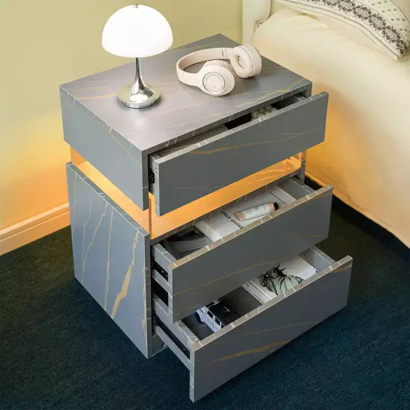 TUYOHW Table de chevet LED moderne avec panneau en acrylique et 3 tiroirs, tables de chevet pour dortoir, salon, chambre à coucher