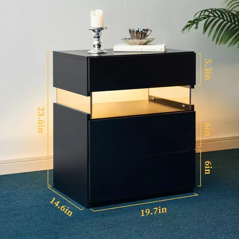 TUYOHW Table de chevet LED moderne avec panneau en acrylique et 3 tiroirs, tables de chevet pour dortoir, salon, chambre à coucher