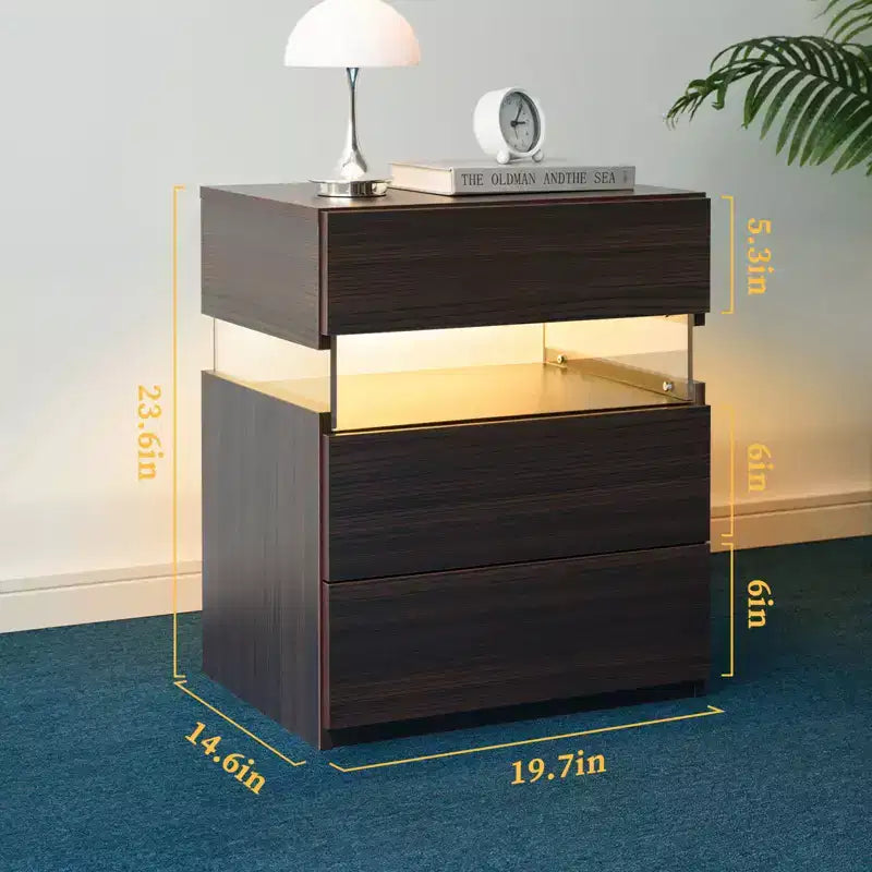 TUYOHW Table de chevet LED moderne avec panneau en acrylique et 3 tiroirs, tables de chevet pour dortoir, salon, chambre à coucher