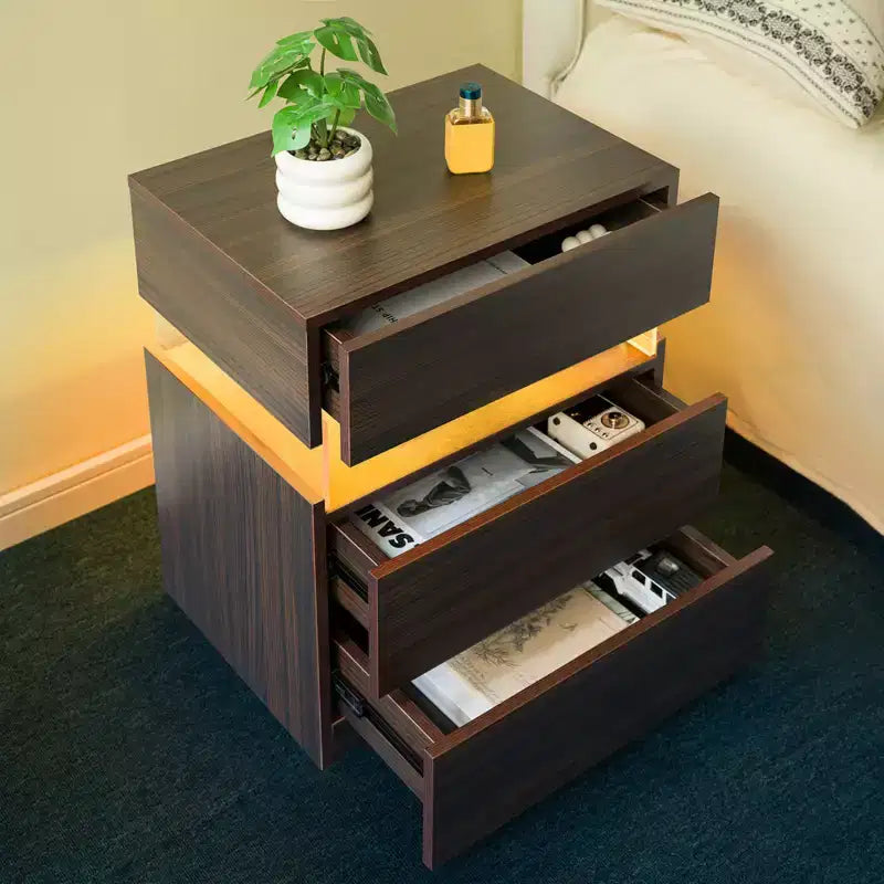 TUYOHW Table de chevet LED moderne avec panneau en acrylique et 3 tiroirs, tables de chevet pour dortoir, salon, chambre à coucher