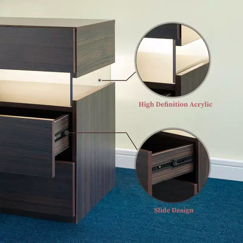 TUYOHW Table de chevet LED moderne avec panneau en acrylique et 3 tiroirs, tables de chevet pour dortoir, salon, chambre à coucher