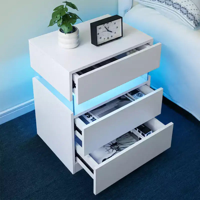 TUYOHW Table de chevet LED moderne avec panneau en acrylique et 3 tiroirs, tables de chevet pour dortoir, salon, chambre à coucher